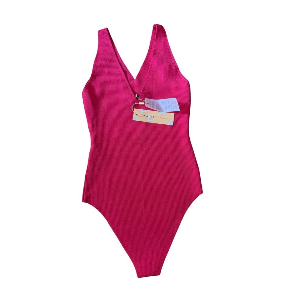 PAOLA BERNARDI Ribbed V Neck Bodysuit Hot Pink Sleeveless Women Size G/L